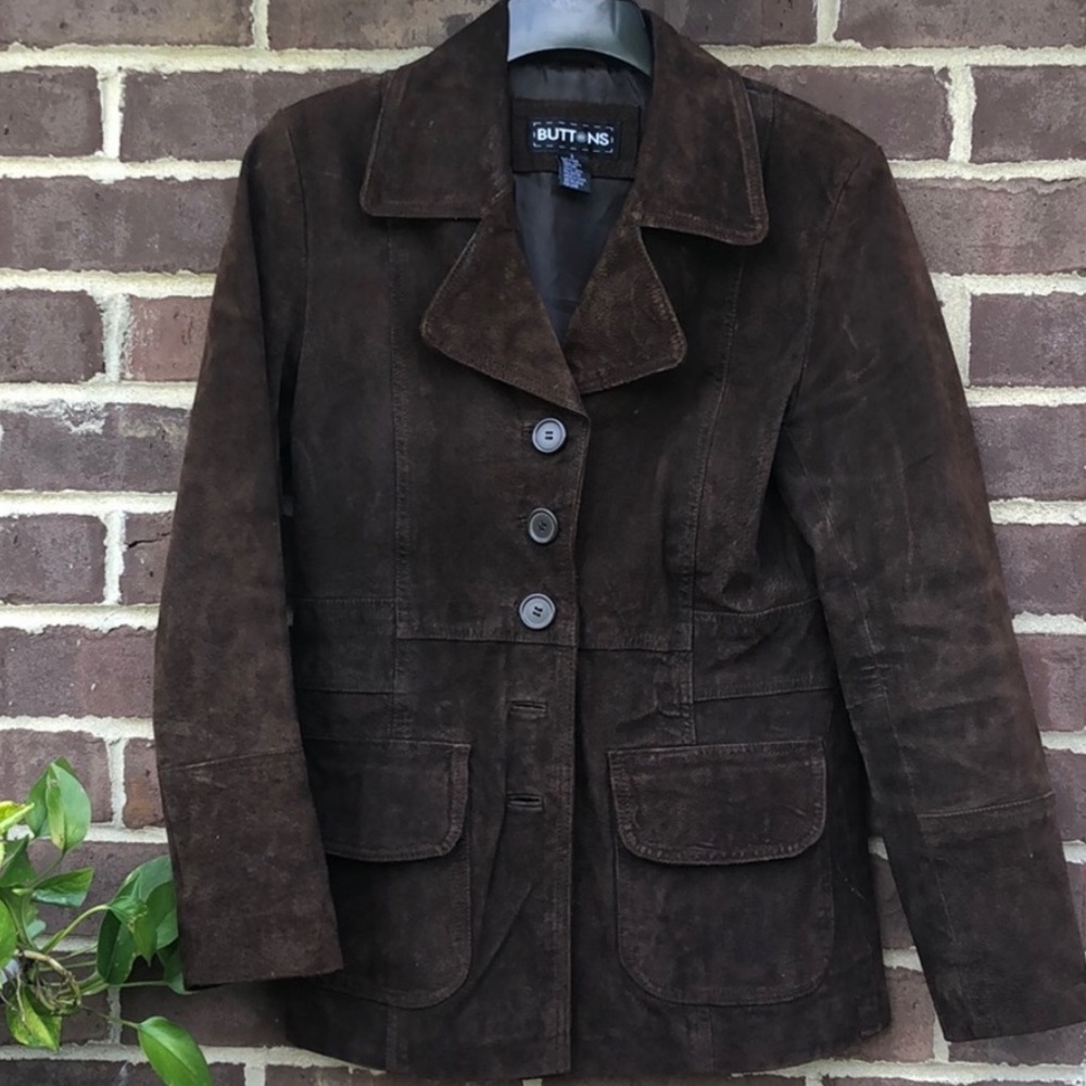 Buttons brown 100% leather blazer coat